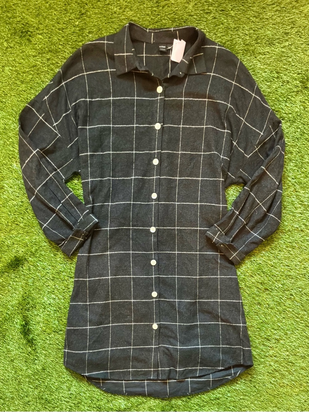 Icône Simons Black Windowpane Collared Plaid Belted Shirt Dress Small